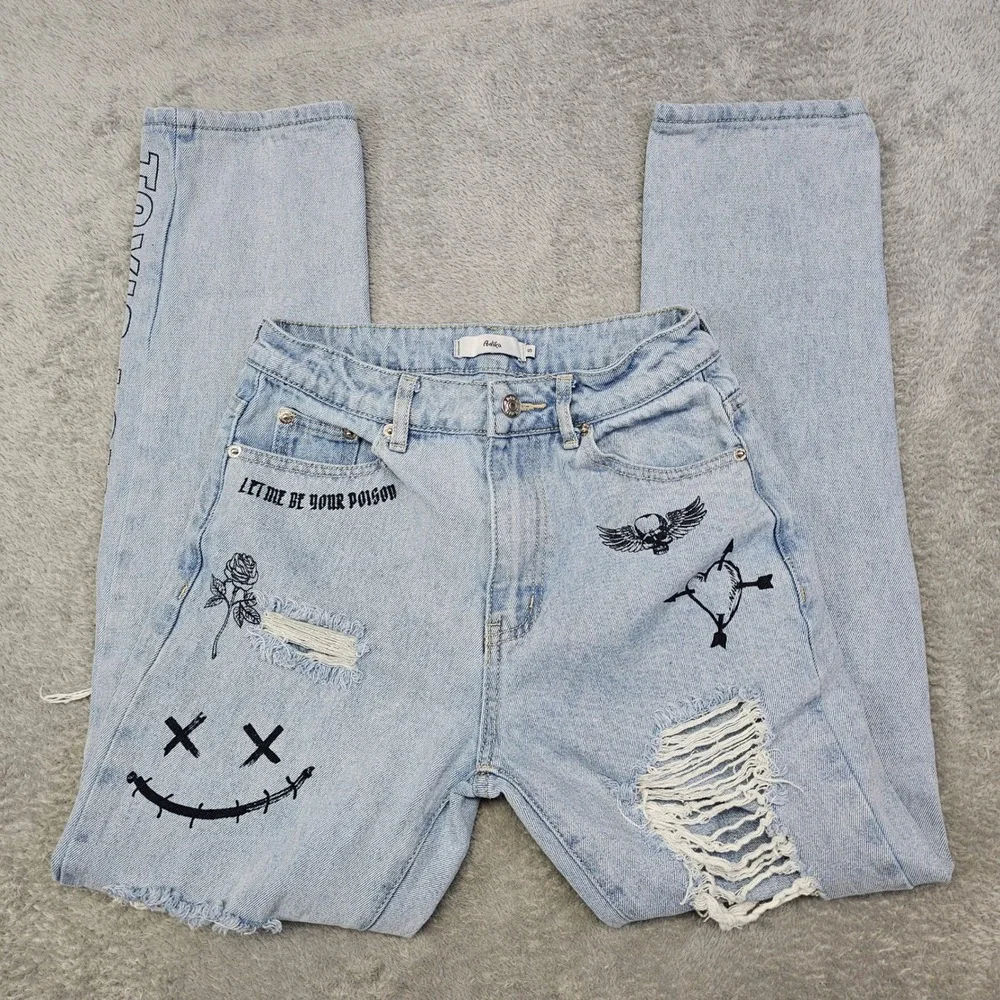 Adika Distressed Graphic Jeans Y2K-Inspired Grunge Denim Juniors S W25 x L29